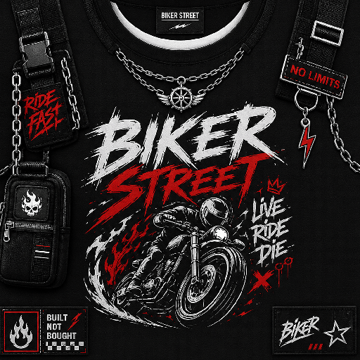 T-shirt Roblox biker street màu đen với họa tiết mô tô, dây xích và phong cách streetwear ngầu