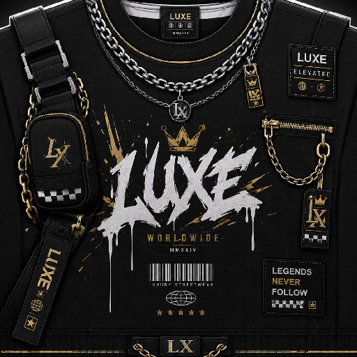 Mẫu T-shirt Roblox luxury streetwear màu đen vàng với dây xích, túi đeo và họa tiết thời trang đường phố cao cấp