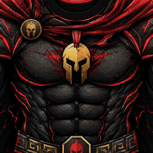 T-shirt Roblox Spartan Warrior với thiết kế cơ bắp 6 múi, giáp chiến binh Sparta và hiệu ứng đỏ đen mạnh mẽ