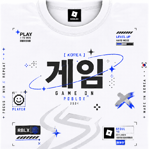 T-shirt Roblox trắng Hàn Quốc với graphic gaming hiện đại màu xanh điện và đen phong cách streetwear