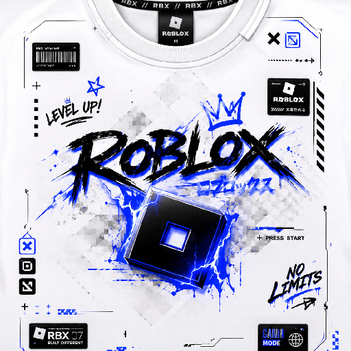 T-shirt Roblox trắng ngầu với thiết kế graphic gaming xanh điện và logo Roblox nổi bật