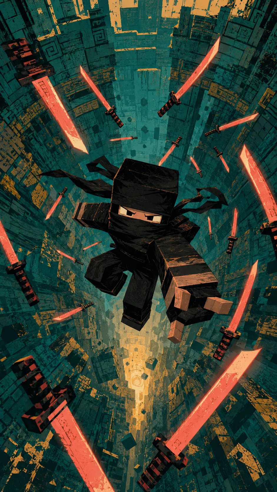 Nhân vật ninja dạng khối mặc đồ đen đang rơi xuống giữa những thanh kiếm đỏ cam phát sáng trong hố sâu kiến trúc