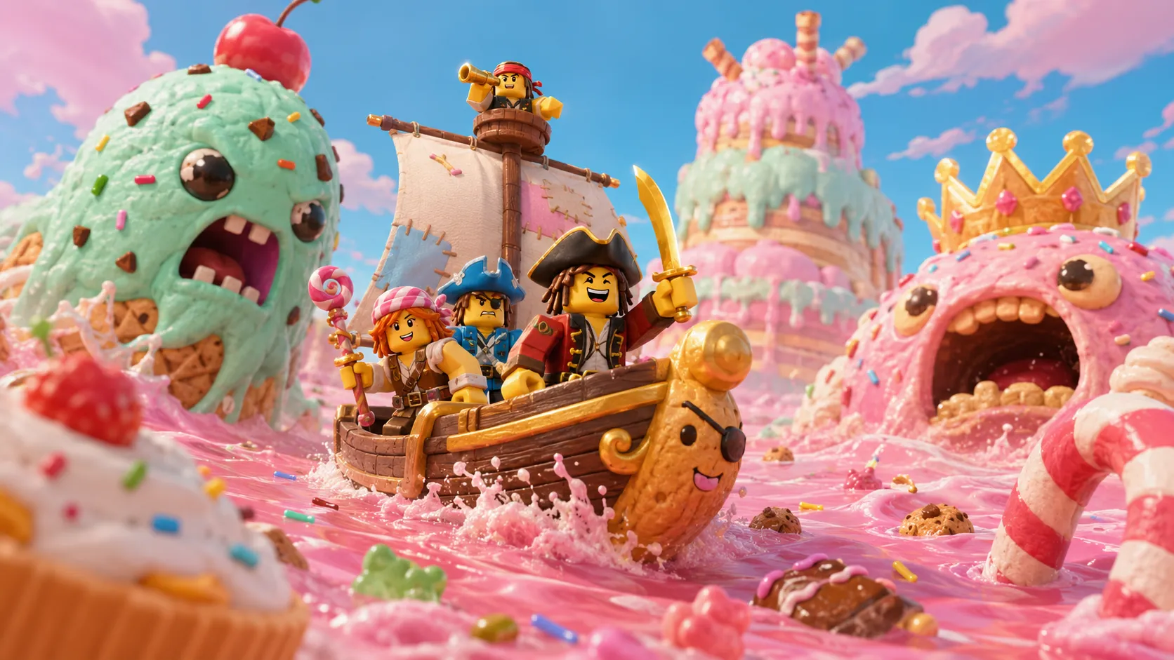 Bốn nhân vật cướp biển LEGO cưỡi thuyền buồm trên dòng sữa hồng giữa vùng đất kem ngọt ngào và quái vật bánh kẹo