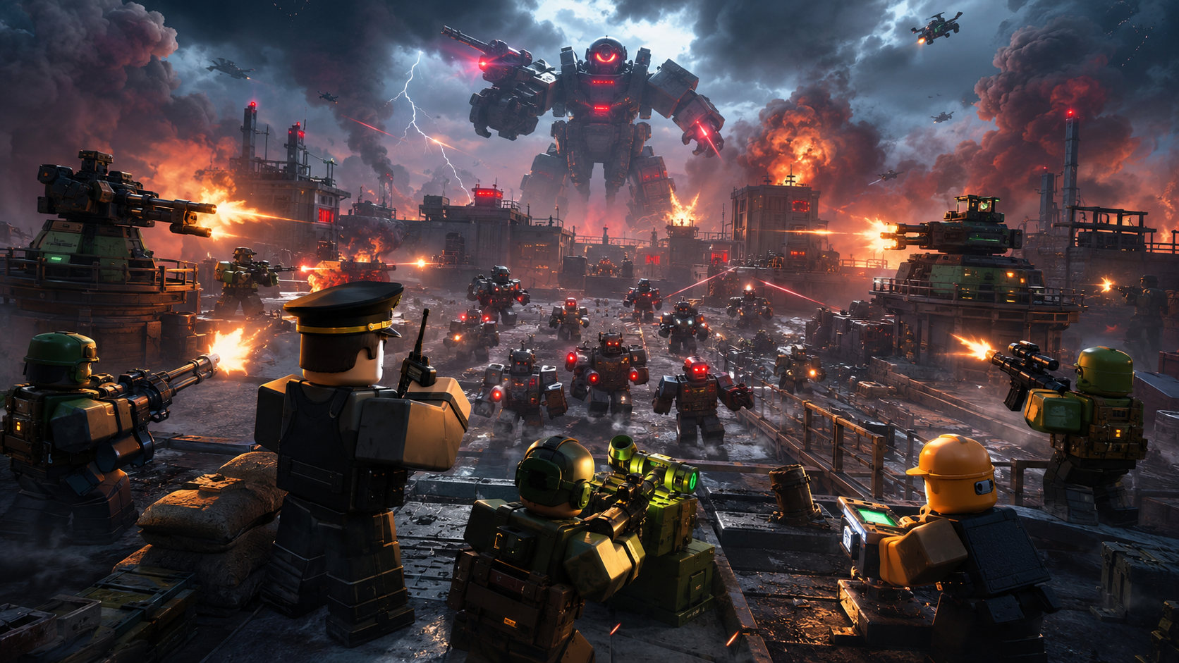 Wallpaper Tower Defense X 4K phong cách Roblox với đội hình lính phòng thủ, tháp súng và robot khổng lồ trong chiến trường công nghiệp bão lửa.