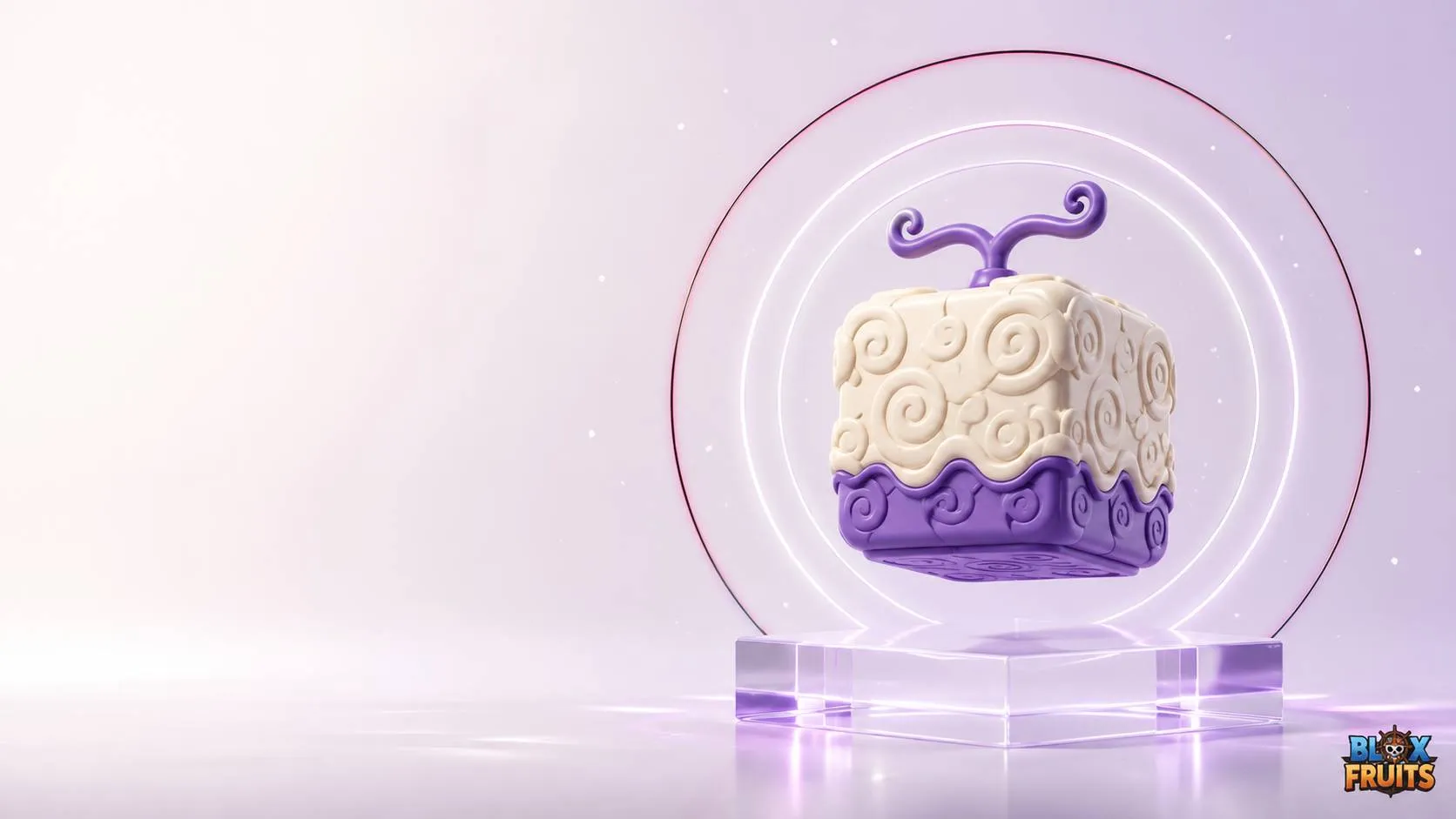 Vật phẩm trái ác quỷ Mochi hình khối lập phương màu kem tím với cuống xoắn lơ lửng trên bệ kính trong Blox Fruits