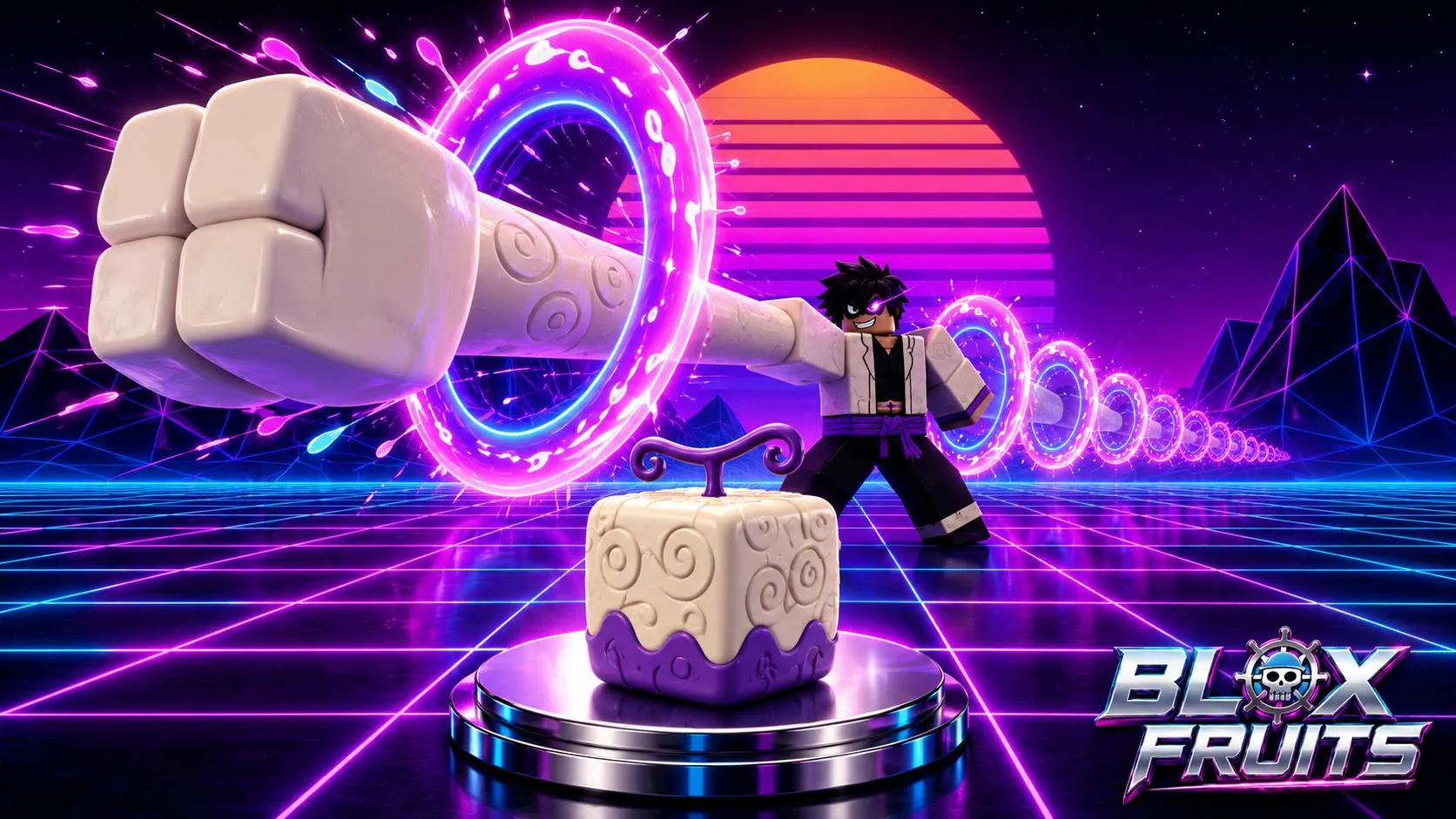 Nhân vật Blox Fruits tung cú đấm khổng lồ xuyên qua chuỗi vòng phát sáng neon trên nền lưới synthwave