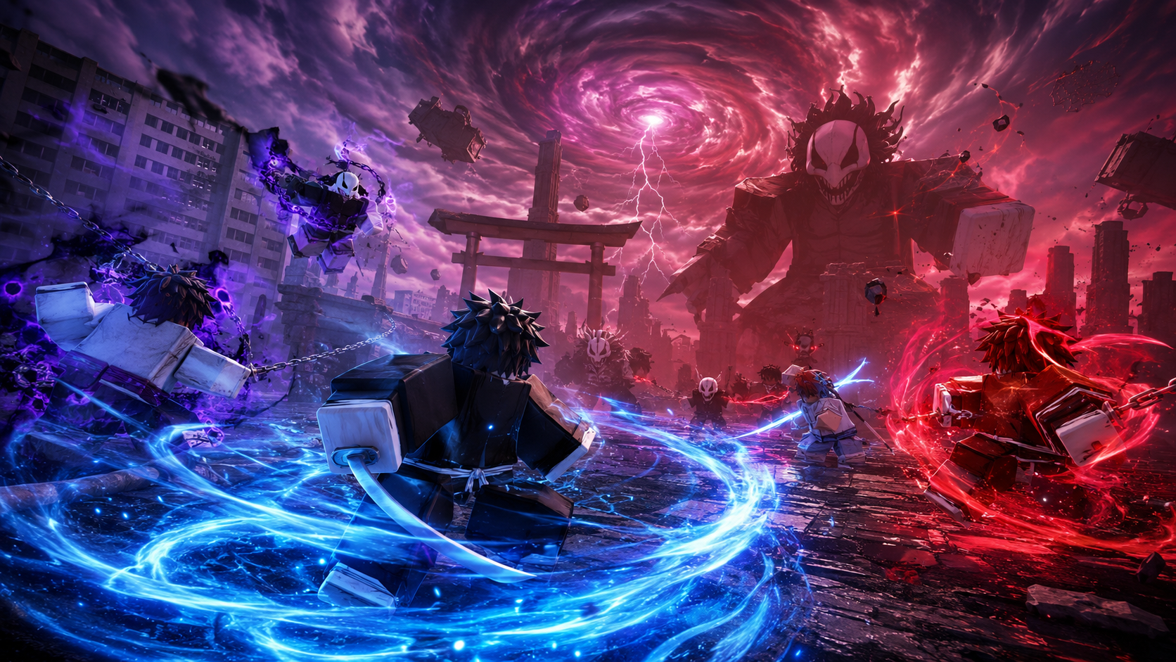 Wallpaper Type Soul 4K phong cách Roblox với kiếm sĩ linh hồn chiến đấu giữa thành phố đổ nát, vòng xoáy bầu trời và năng lượng xanh đỏ rực sáng.