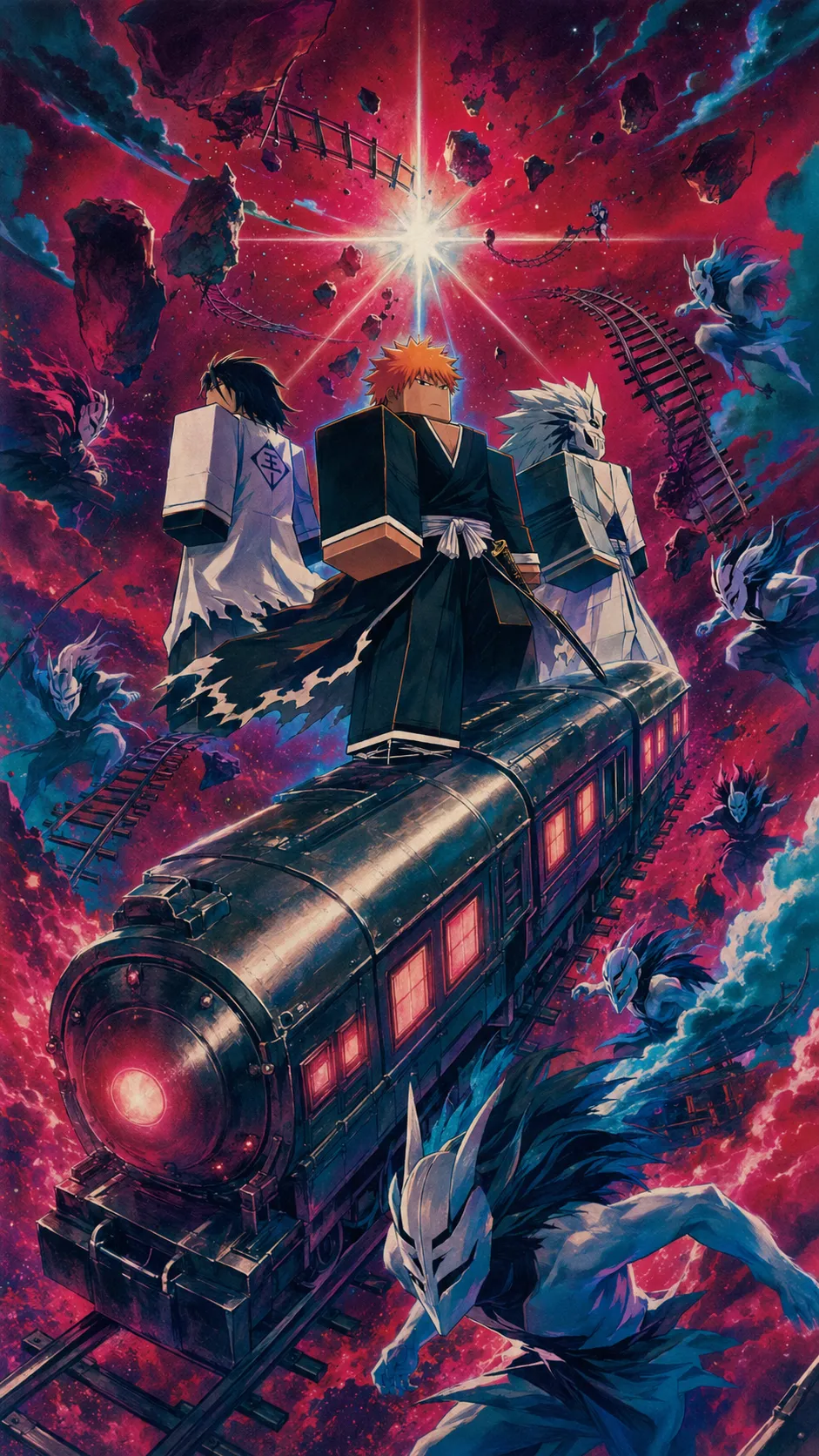 Ba chiến binh anime đứng trên mũi tàu hỏa đang lao qua không gian mây xoáy đỏ tím cùng các sinh vật mặt nạ