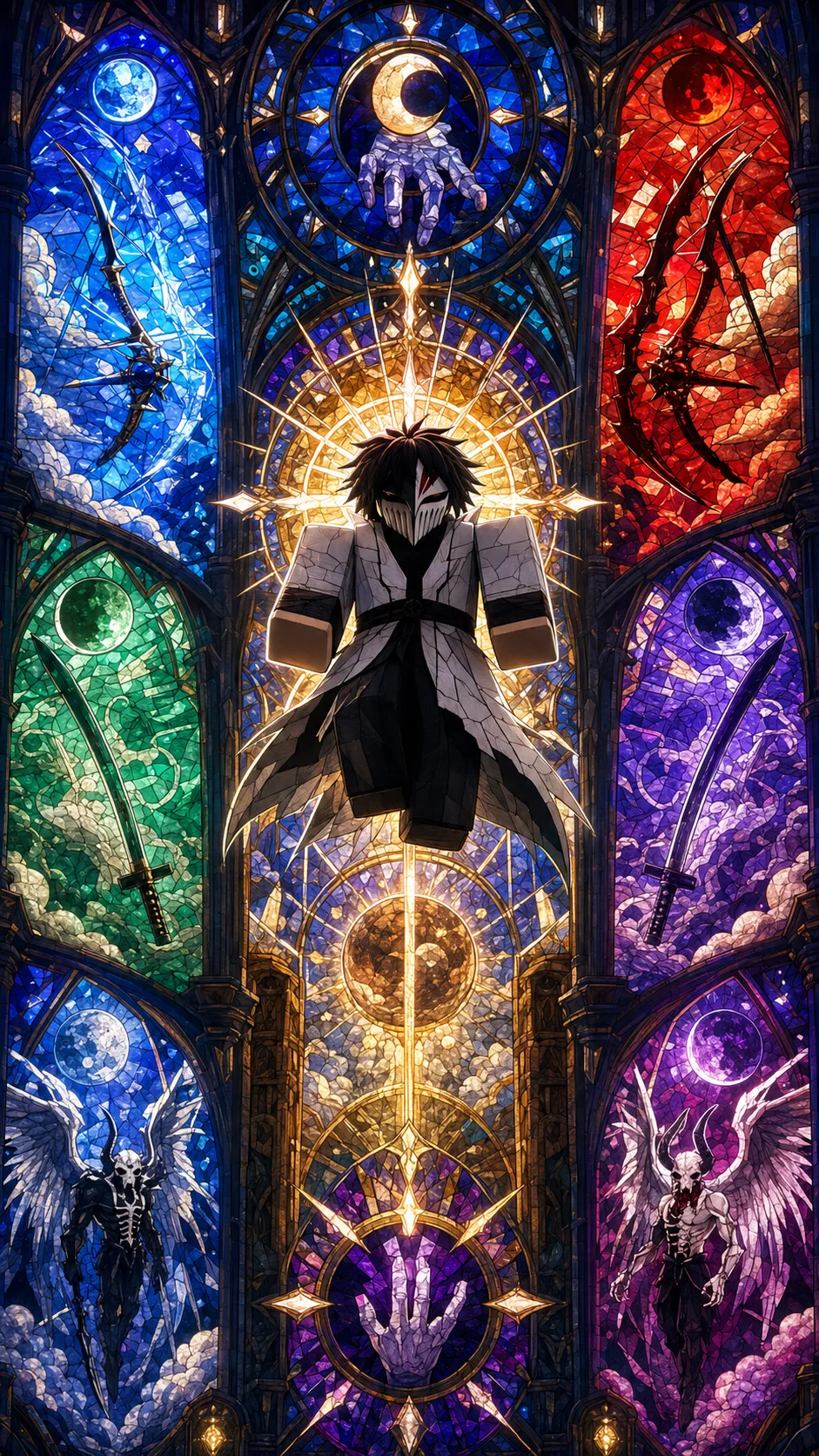 Nhân vật đeo mặt nạ trắng đứng trung tâm vòm cửa sổ kính màu phong cách Gothic cùng các sinh vật có cánh