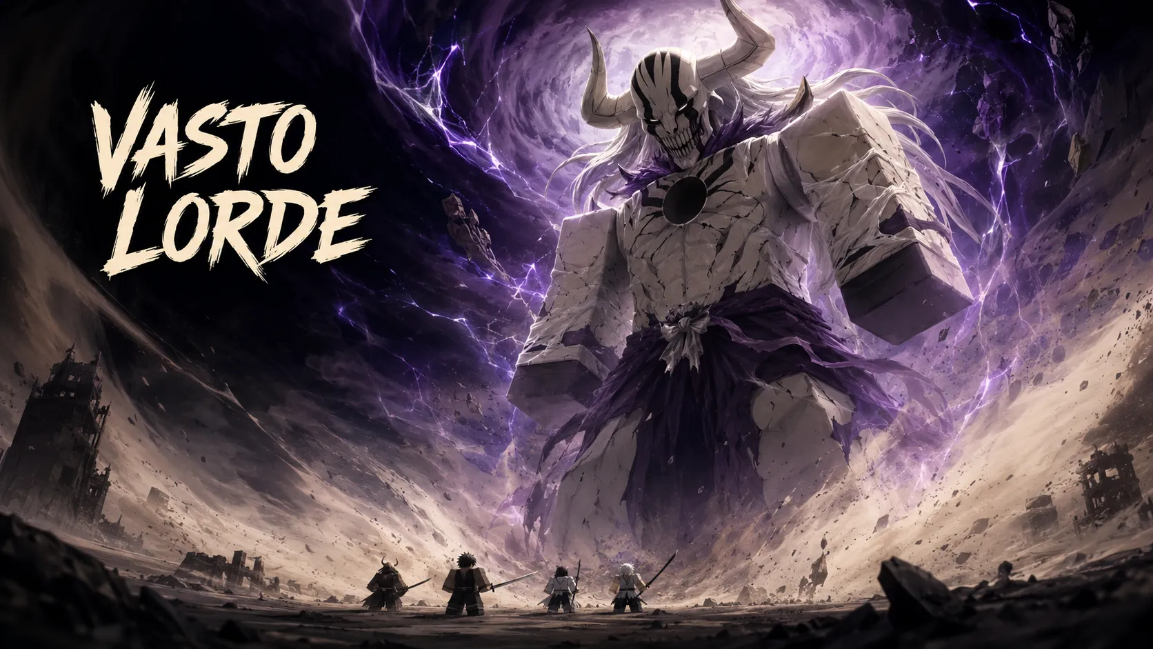 Chiến binh Vasto Lorde mang giáp trắng sọ có sừng đứng đối diện bốn kiếm sĩ dưới bầu trời sấm sét tím