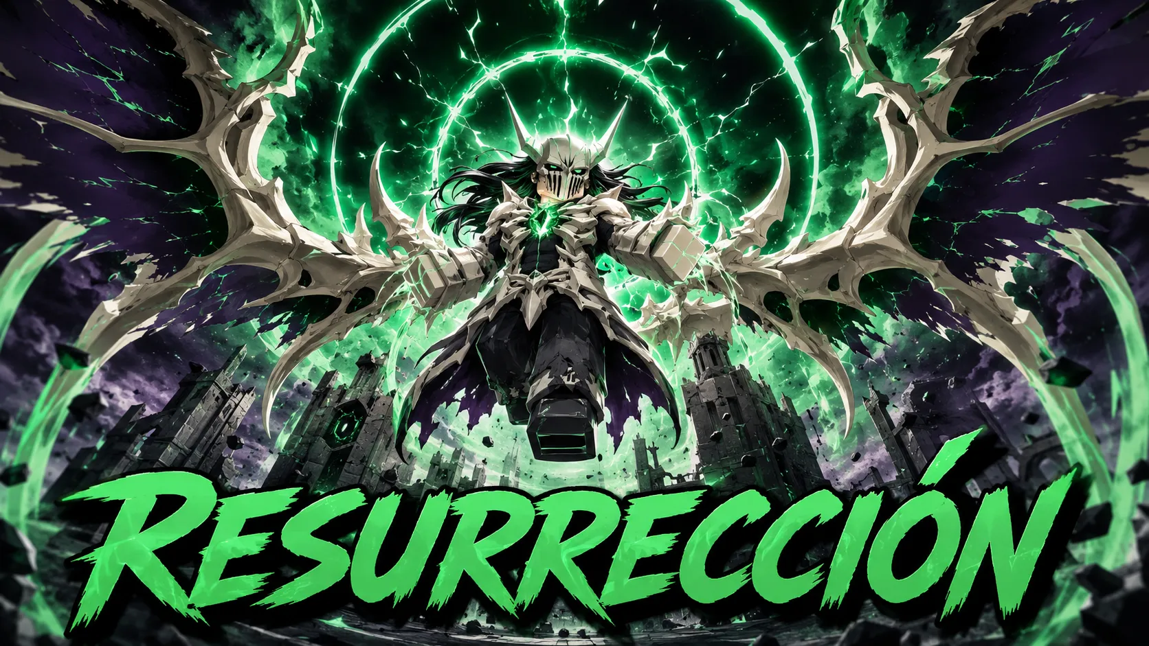 Chiến binh giáp xương lơ lửng dang rộng tay trước ba vòng tròn xanh neon và dòng chữ Resurrección phía trên phế tích tối