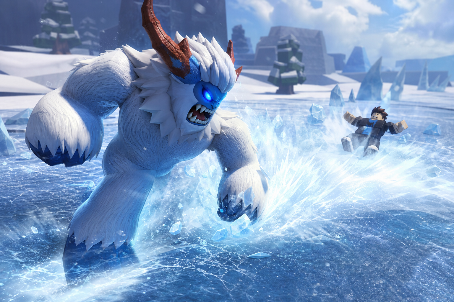 Yeti khổng lồ lao tới trên mặt băng, tạo vụ nổ băng khiến nhân vật Roblox văng ra giữa cảnh tuyết lạnh giá.